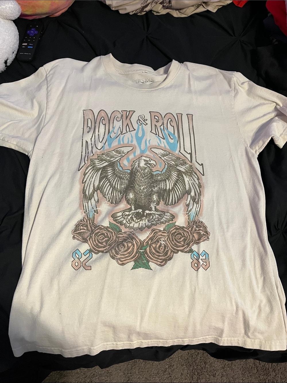 Persaya White Rock & Roll Eagle Graphic Tee with Blue Flames